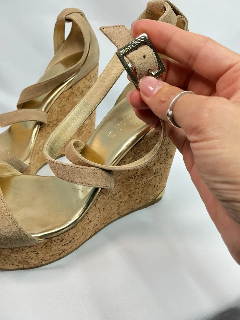Jimmy Choo | Portia 120 Nude Suede Cork Platform Wedge Sandals EU 40